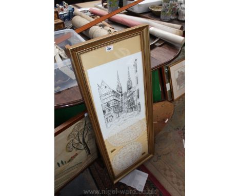 A large framed G.E. Clayton Print of a town with two pieces of French Lace denielle fait main Madame Renne Bougueon
