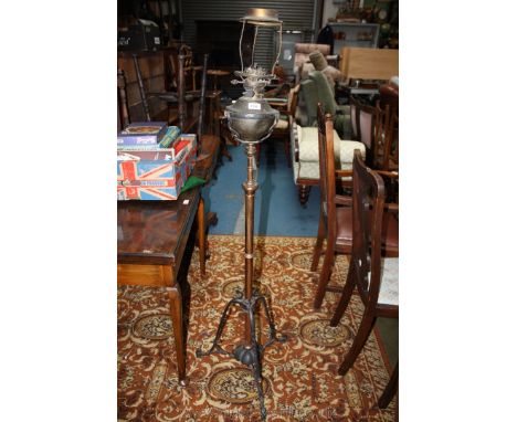 An antique wrought Iron and Copper, Standard adjustable Oil Lamp