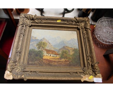 R A Grattan, oil on canvas study of an Alpine scene contained in ornate gilt frame