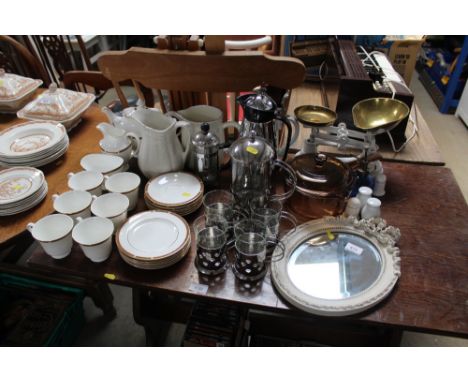 A collection of St Michaels "Connaught" teaware; coffee maker; scales; oval framed mirror etc