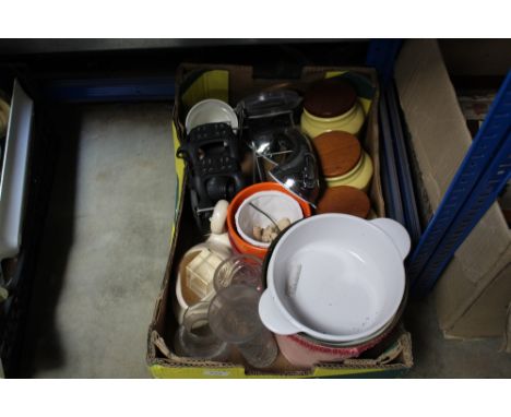 A box of sundry items to include glassware; storage jars; lamp shade etc