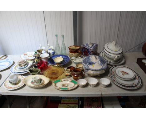 A collection of decorative china to include various patterned dinnerware, cranberry glassware, commemorative glass comport, p