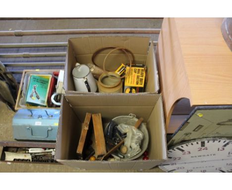 Two boxes containing an enamel pail, vintage scales etc.