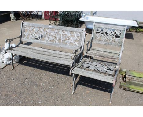 A metal and wooden slatted garden bench AF and a pair of matching chairs AF