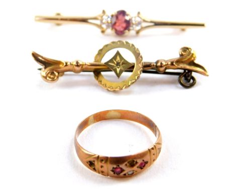 A Victorian 9ct gold bar brooch, 9ct gold and gem set bar brooch, and a Victorian seed pearl and ruby ring, set in yellow met