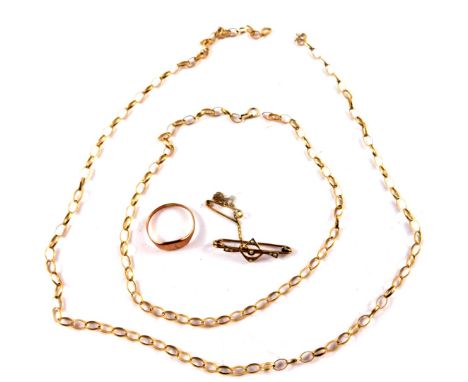 A 9ct gold belcher link neck chain, 9ct rose gold lady's signet ring, size N, and a Victorian seed pearl brooch, set in yello