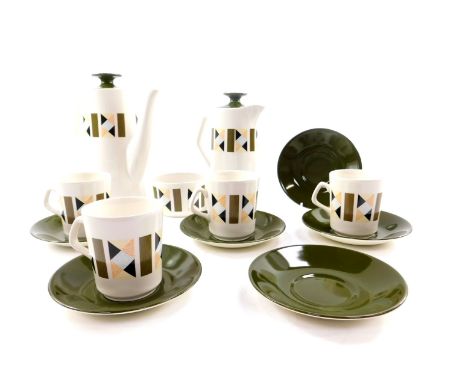 A Beswick pottery part coffee service decorated in the Metric pattern, comprising coffee pot, hot water jug, sugar bowl, four