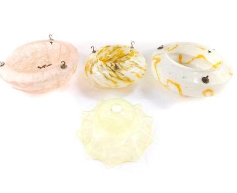 An Edwardian yellow opaline glass lamp shade, 26cm Dia, and three 1940's marbled glass ceiling lights, with fittings and chai