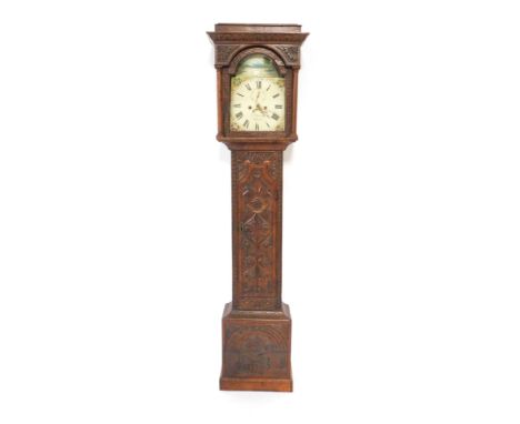 A Georgian oak long case clock, by I Hocking of Redruth, the break front arch dial decorated with a landscape with swans, one