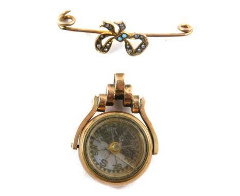 A 9ct rose gold blood stone and compass set swivel fob, together with a turquoise and seed pearl bow bar brooch, set in yello