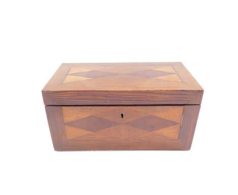 A 19thC parquetry tea caddy, of rectangular section, the hinged lid opening to reveal twin compartments with lids, 13cm H, 26