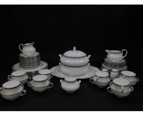 A Royal Doulton porcelain part dinner and tea service decorated in the Ravenswood pattern, comprising oval meat platter, pair