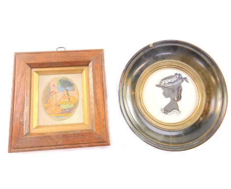 An Indian portrait miniature, of a Prince and companion, watercolour, framed and glazed, together with J Hammond (20thC). sil