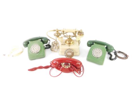 Two GPO green bi-coloured telephones, a Genie red telephone and a Japanese vintage style cream coloured telephone, model JN-4
