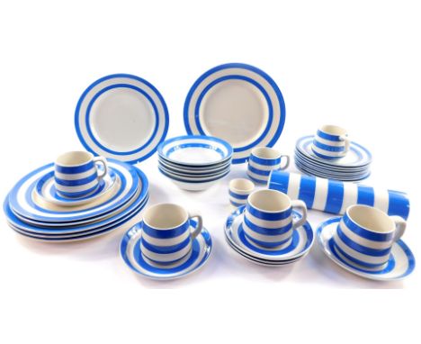 A group of T G Green Cornish blue and white banded Cornish ware, including a rolling pin, cereal bowls, plates, tea cups and 