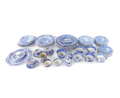 A Copeland Spode blue and white part dinner tea and coffee service, transfer decorated in the Italian pattern, oval blue prin