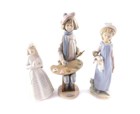 A Lladro porcelain figure of a girl, modelled standing holding a rag doll, 28cm H, together with a Nao porcelain figure of a 
