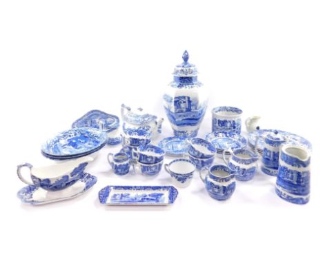 A group of Copeland Spode blue and white pottery decorated in the Italian pattern, including a hexagonal ginger jar and cover