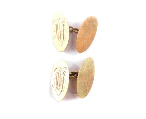 A pair of 9ct rose gold cuff links, of double oval and chain link form, monogram engraved, 6.6g.