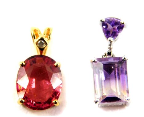 An 18ct gold Rubellite and diamond gold pendant, the oval cut stone claw set, with certificate, 1.4g, together with a 9ct whi