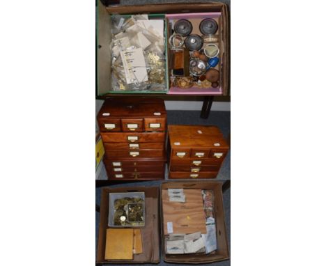 Three small wooden drawer cabinets containing: mineral pocket watch glasses, 19th/20th century and later clock hands and cloc