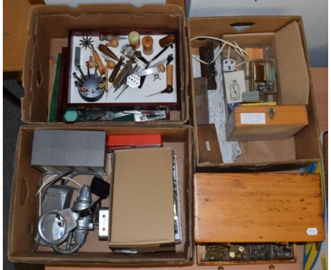 A selection of watchmaker's tools: Bergeon screw drivers; Bergeon-Vigor glass fitting tool; staking tool punches; lever balan