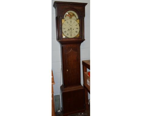 ~ An oak eight day white dial longcase clock, signed Andw Esdaile, Newcastle, late 18th century, arch painted dial with a moo