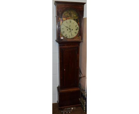 ~ A Scottish mahogany eight day longcase clock, signed John Dobbie, Glasgow, early 19th century, arch painted dial with Adam 