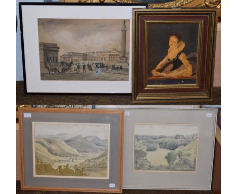 An oil on board portrait of a lady; a 19th century watercolour of a London street scene; and two pastoral watercolours (4)
