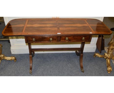 A reproduction inlaid and crossbanded simulated rosewood sofa table