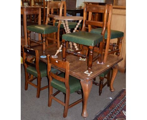 A Victorian oak extending dining table; a set of eight Victorian chairs; and a small bobbin leg table (10)