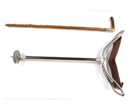 A shooting stick, 84cm high, and a silver collared walking cane, with horn handle and turned wooden pole, 82cm high. (2)