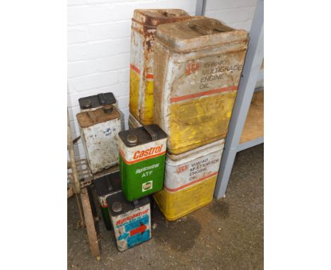 A group of vintage oil cans, Castrol, Agricastrol, Agricastrol Hydrochloric oil, JCB multi grade engine oil, etc, (AF). (a qu