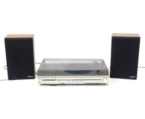 An Hitachi Hi-Fi system, comprising Model SDT-116 tape and record player, and a set of speakers. (3)