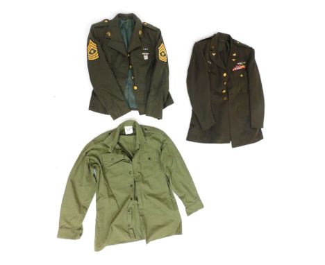 Two US Army dress jackets, one for a Sergeant Major Rifle Marksmen, with shirt, and a US Army officer's dress jacket. (3)