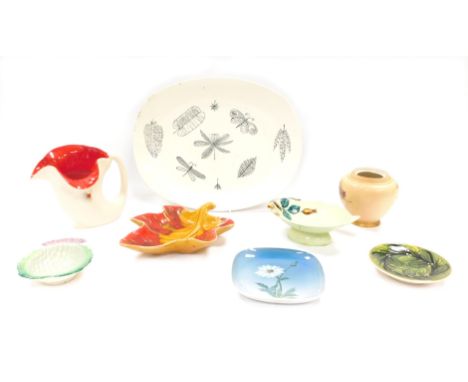 Decorative ceramics, comprising a Burleigh ware jug, a thistle Carlton ware pin dish, a Carlton ware leaf dish, a Fernleigh s