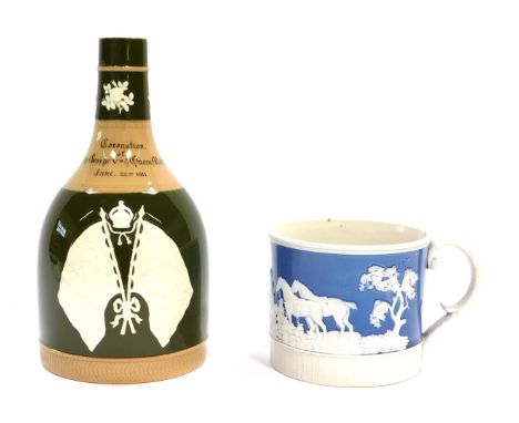 A Copeland Spode Coronation of King George V and Queen Mary commemorative bottle, dated 1911, on a green glazed ground with a