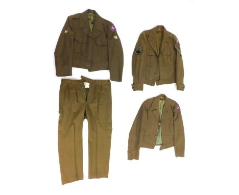 Two US Army jackets and a uniform, comprising a Staff Sergeant's jacket, further jacket, and a full uniform bearing Third Arm