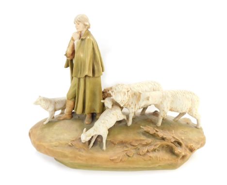 A Royal Dux figure group of sheep and a shepherdess with water vessel, the shepherdess modelled stood on a grassy bank, weari