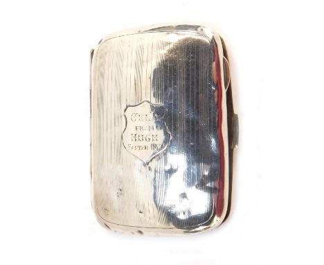 A George V silver cigarette case, with engine turned stripe decoration and shield bearing inscription Cela From Hugh Easter 1