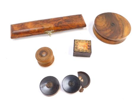Treen and trinkets, comprising a pen case, turned ebony button case, a Penny Red stamp box, ebony coaster, etc. (a quantity)
