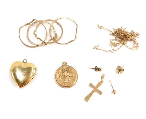 A group of 9ct gold jewellery and jewellery parts, comprising stud earrings, neck chain (AF), St Christopher's pendant, inter