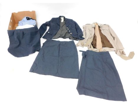 A group of RAF and Army uniforms, comprising a womens WRAF jacket, size height 170 bust 88, waist 72, three navy skirts, two 