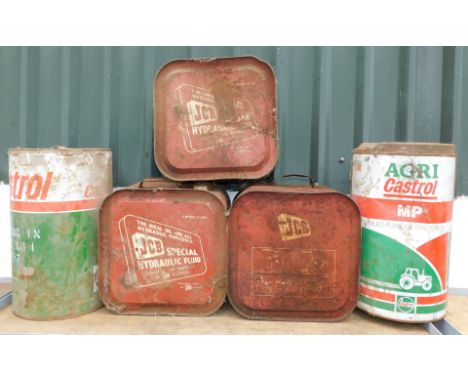 Five oil drums, comprising two Agricastrol Tractor oil drums, and three JCB Hydrochloric oil barrels. (5)