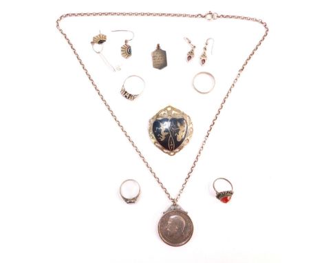 A group of silver and other jewellery, comprising an Eastern design brooch, silver coin pendant and plated chain, two silver 