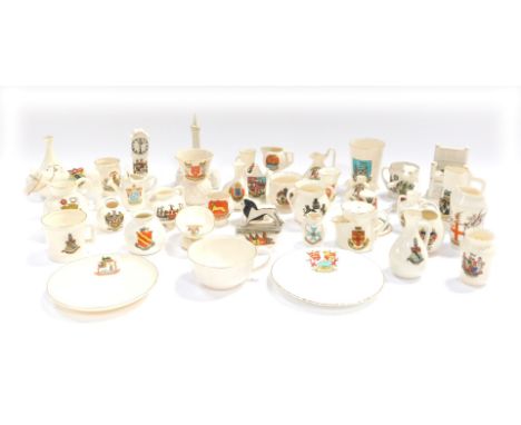 A group of crested china, comprising Knaresborough Goss beaker, Blackpool Tower, Tuxford longcase clock and others.  (a quant
