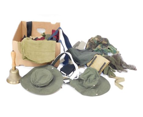 A group of Army, Navy and Air Force accessories, belts, dress ties, hoods, arm bands, and an ARP Fiddian brass hand held bell