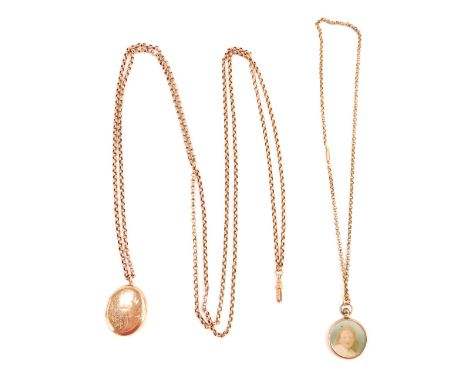 Two lockets and chains, comprising a Victorian oval locket, with etched swallow and flower design, 3cm high, yellow metal unm