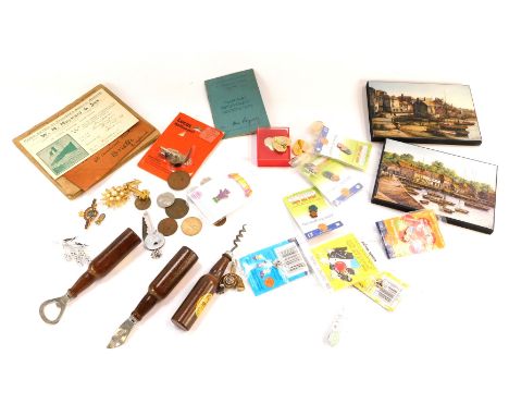 Coins and trinkets, tokens, Guinness advertising bottle openers, Avon Cosmetic badges, Kevin Platt prints, Royal Engineers br