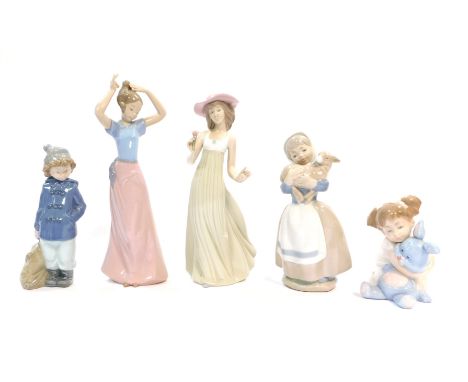 Five Nao figures, comprising girl with bunny, 12cm high, child with ruck sack, 18cm high, girl carrying animal, 21cm high, la